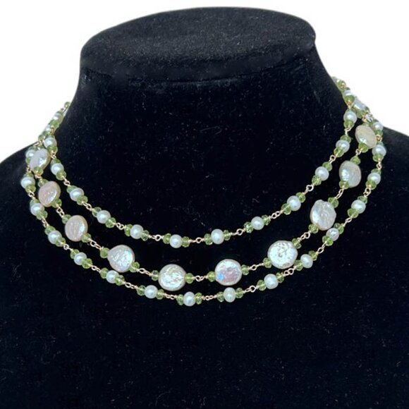 Three Strands Stylish Pearl And Peridot Necklace - Picture 1 of 4